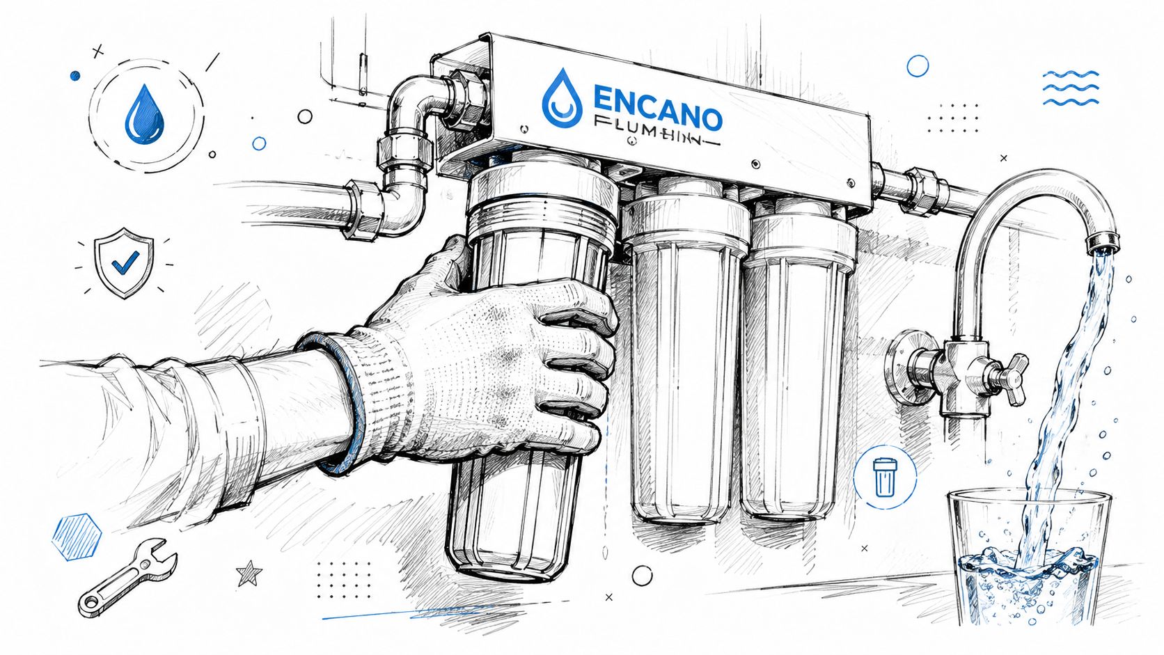 A gloved hand installing a water filtration system cartridge with a glass of filtered water nearby.