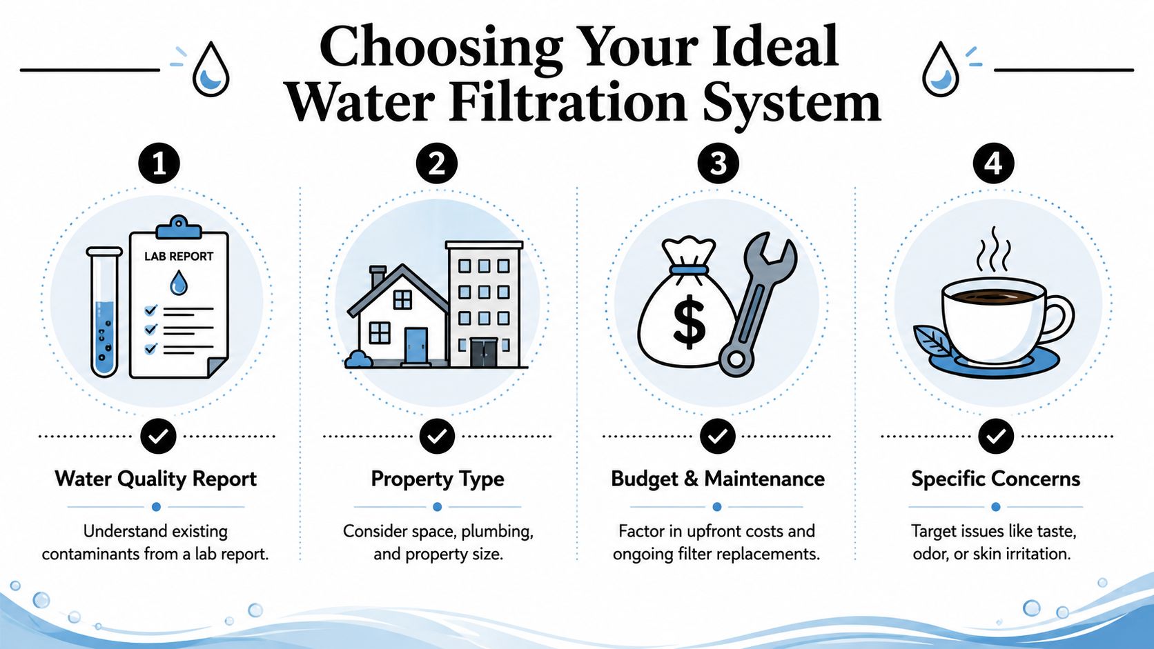 An infographic showing four steps to choose the ideal water filtration system for your home.