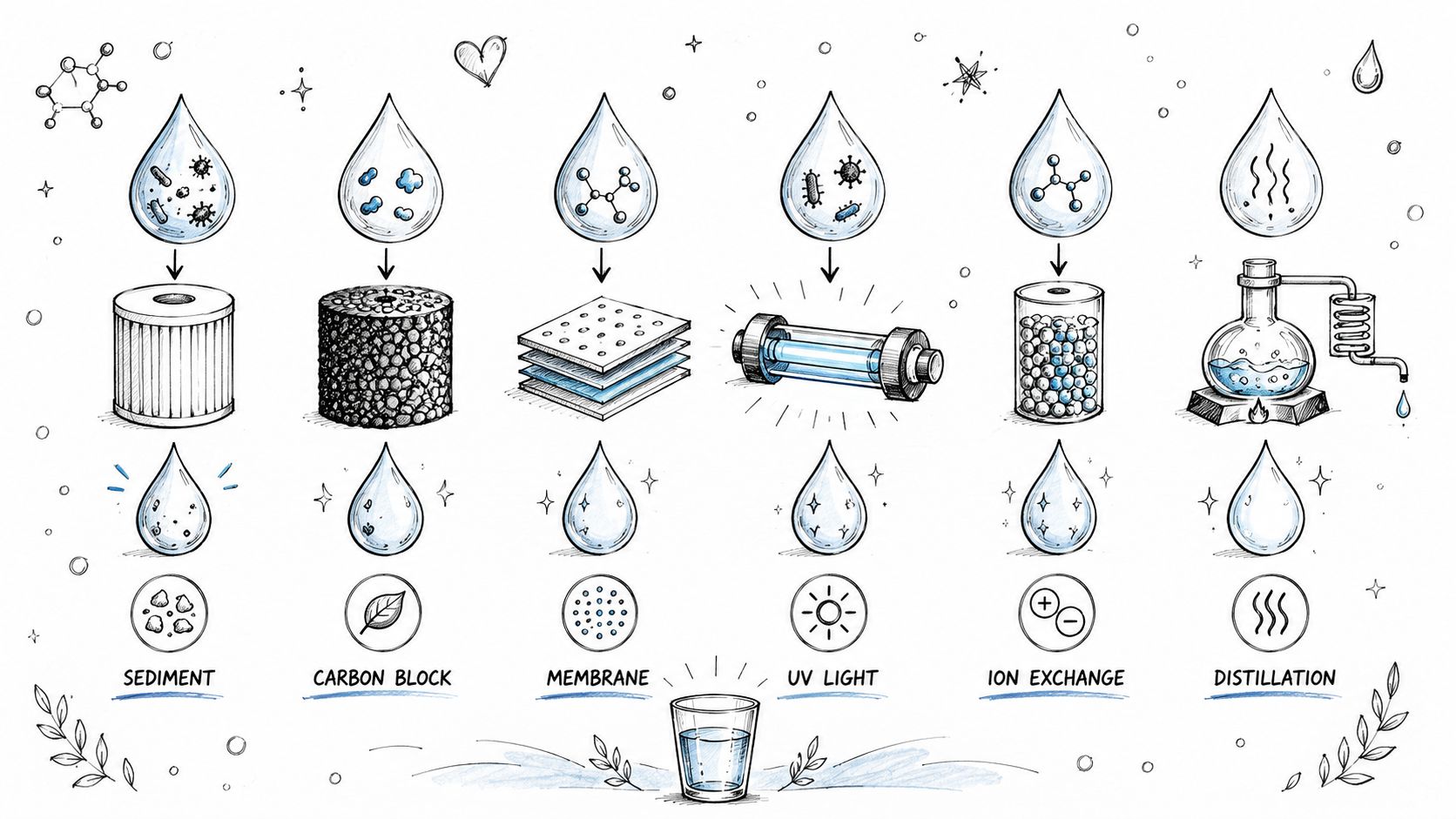 A diagram illustrating various water filtration methods like sediment, carbon, membrane, UV light, ion exchange, and distillation.