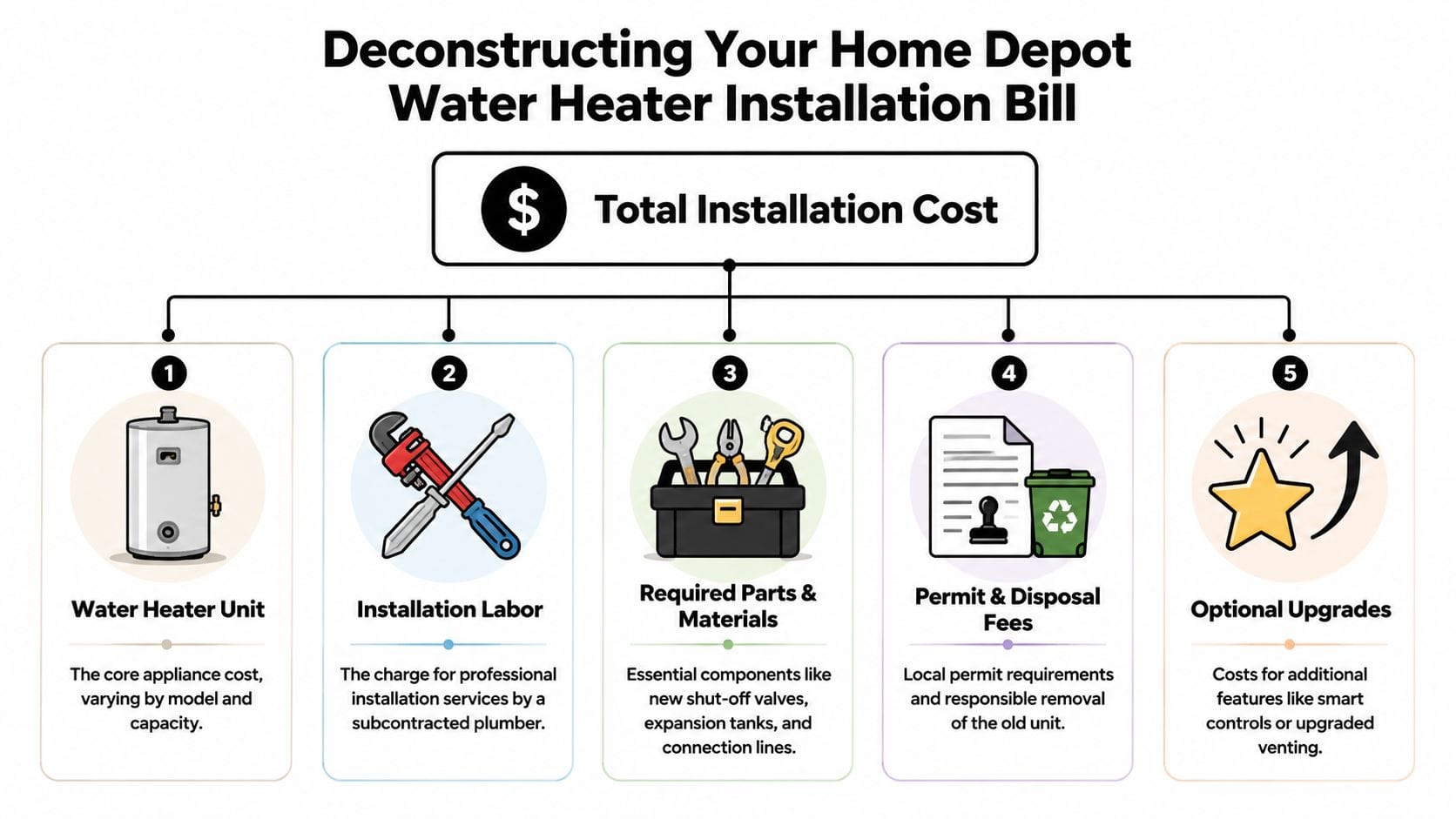 An infographic illustrating the five primary components that determine the total cost of a water heater installation.