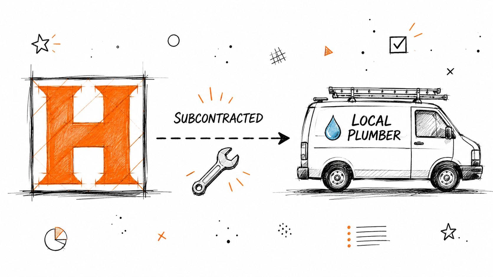 A hand-drawn illustration depicting a large orange letter H being subcontracted to a local plumber van.
