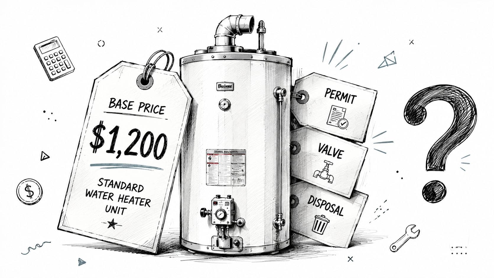A line drawing illustration showing a water heater with a base price tag and additional service costs.