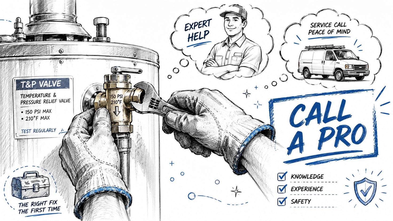 A professional technician using a wrench to repair a water heater temperature and pressure relief valve.
