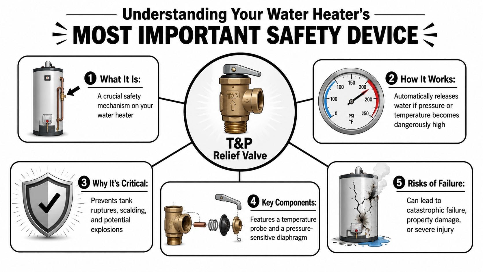 An educational infographic explaining the function and importance of a water heater T&P relief valve safety device.