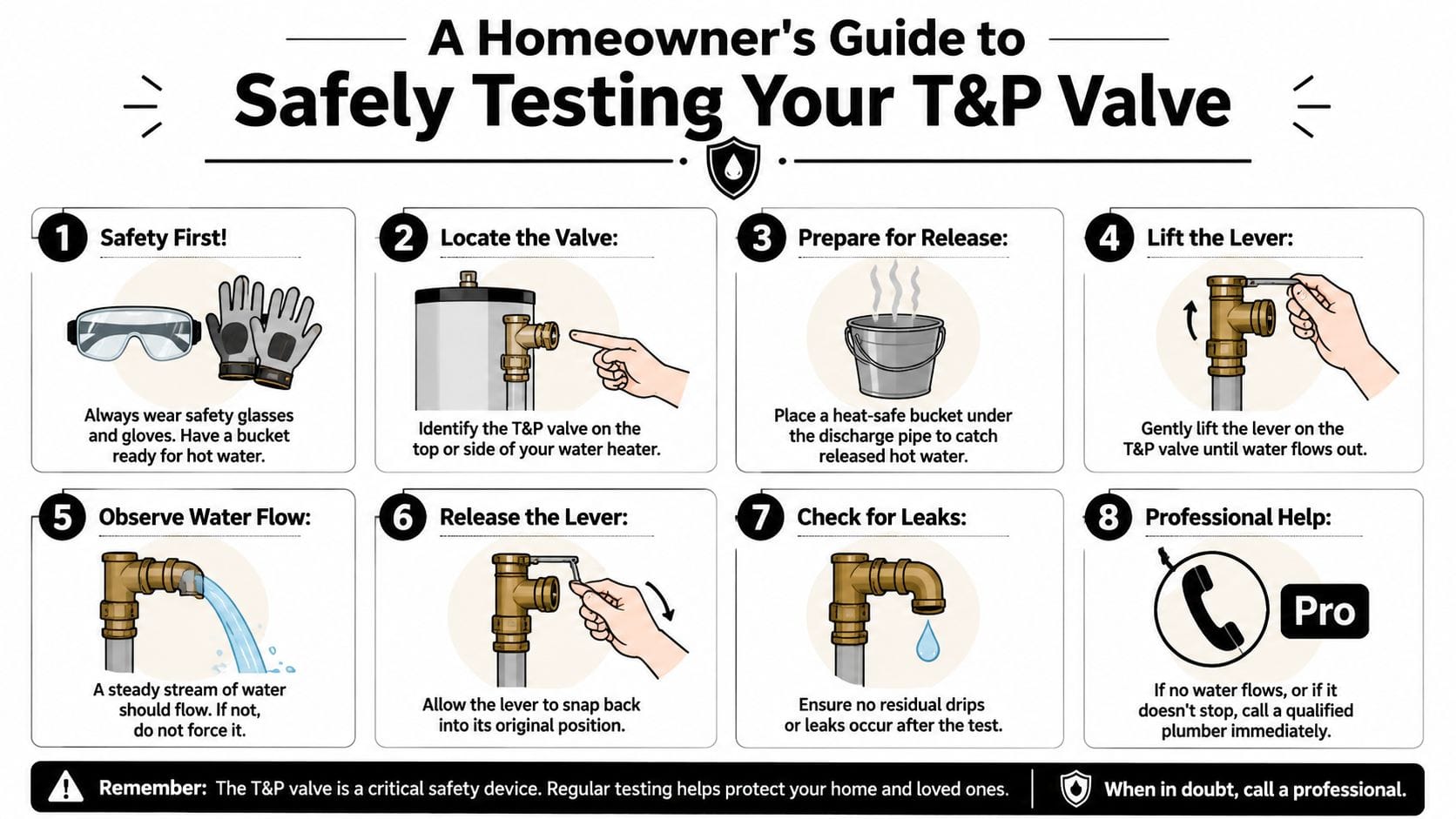 An infographic titled A Homeowner's Guide to Safely Testing Your T&P Valve showing eight instructional steps.