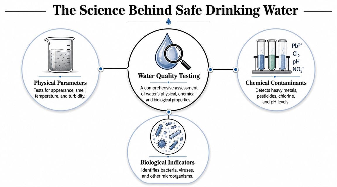 An infographic showing the three main factors of water quality testing: physical, chemical, and biological indicators.