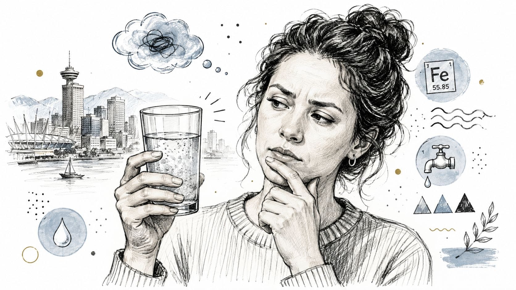 A sketched illustration of a woman looking concerned at a glass of water, reflecting on tap water quality.
