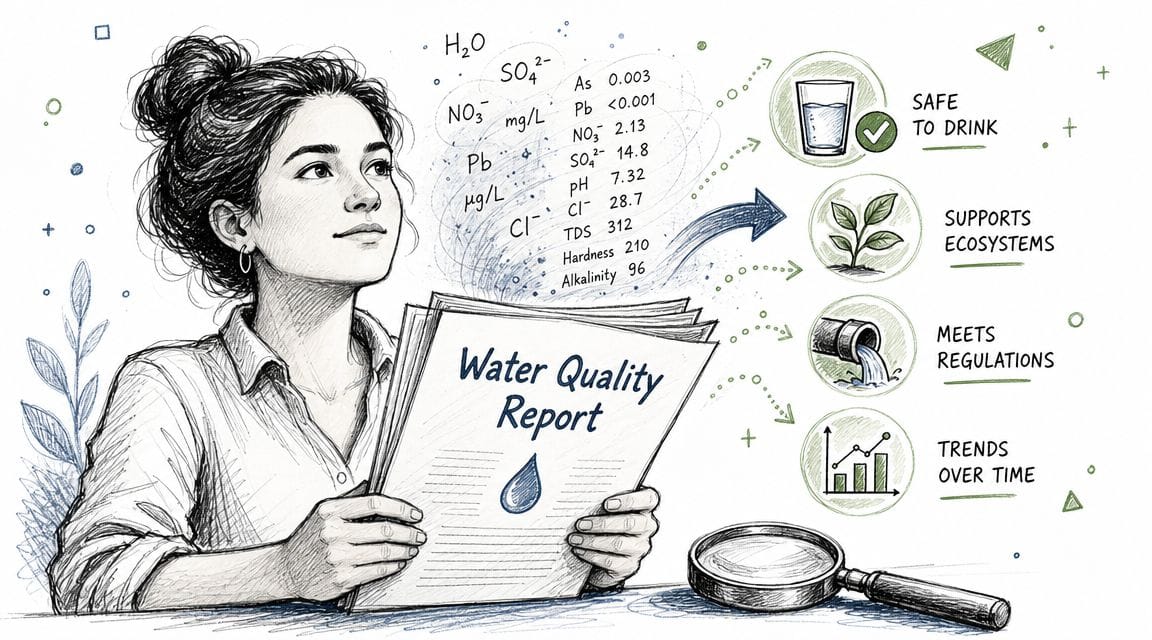 A woman holding a water quality report with data charts and icons about safe drinking water.