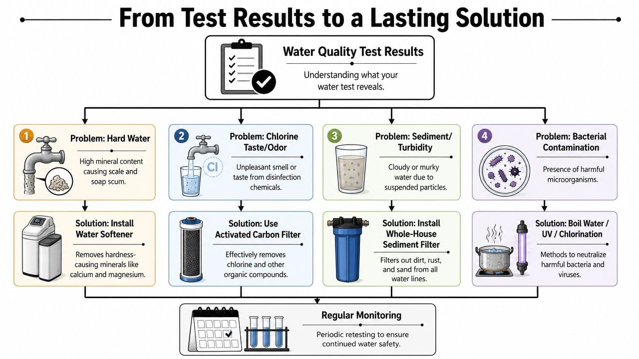 An infographic showing common water quality problems like hard water and bacteria and their corresponding treatment solutions.