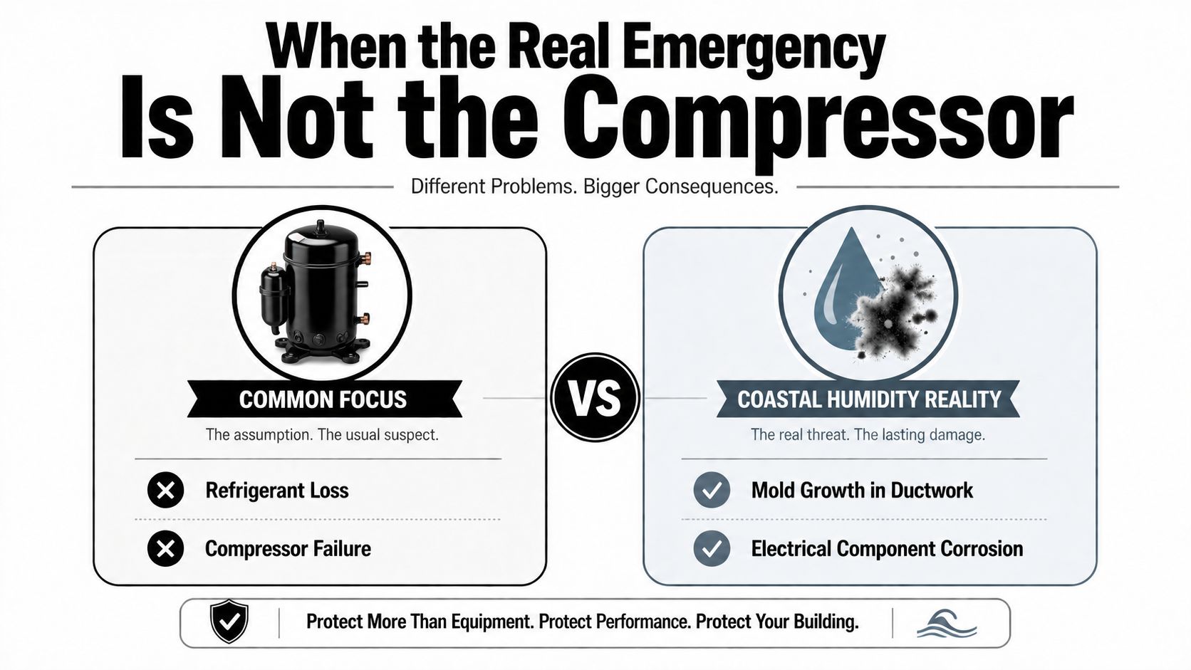 A comparison graphic showing common compressor issues versus real coastal humidity threats like mold and corrosion.