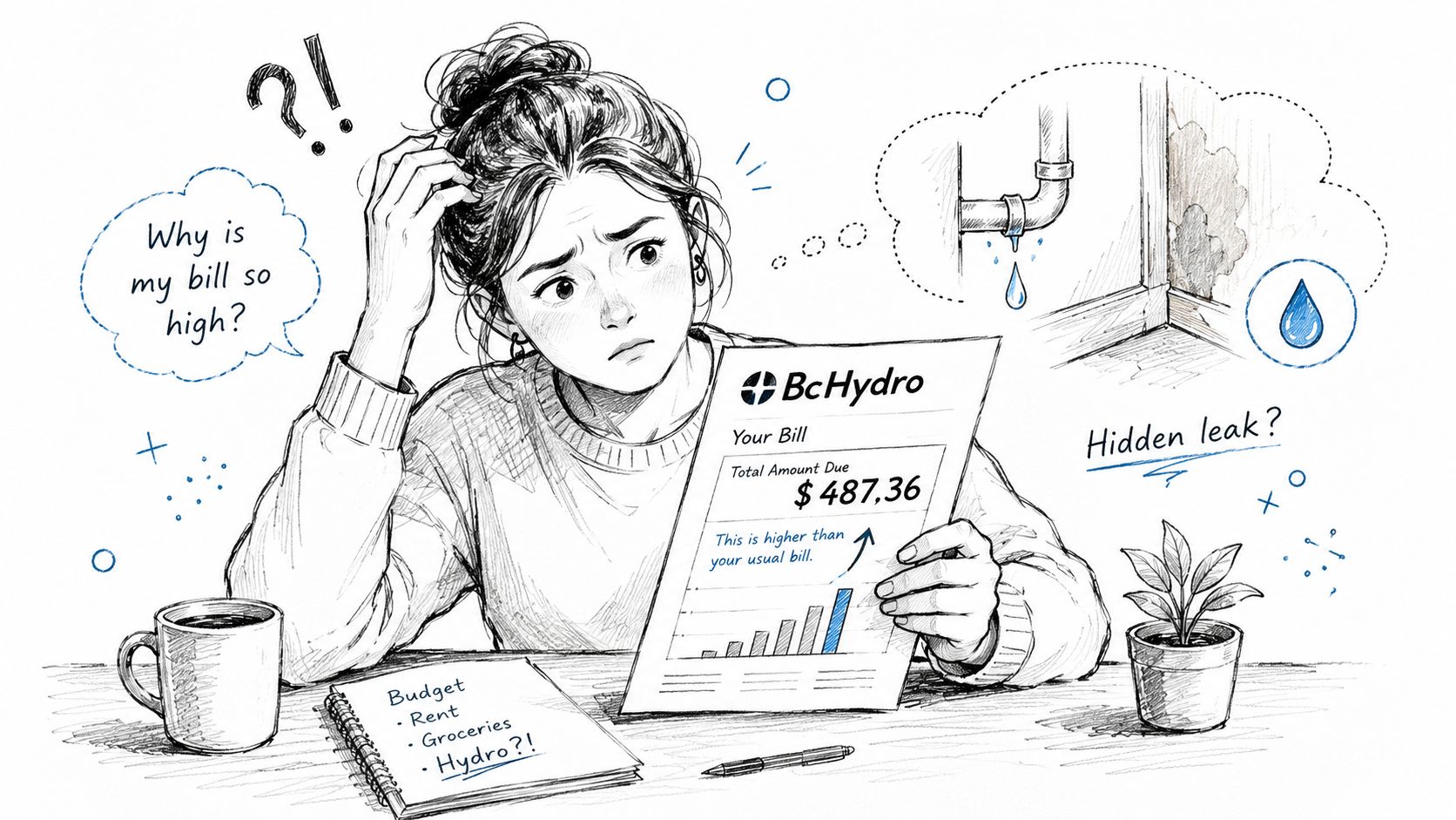 A worried young woman reviewing an unexpectedly high BC Hydro electricity bill while suspecting a hidden water leak.