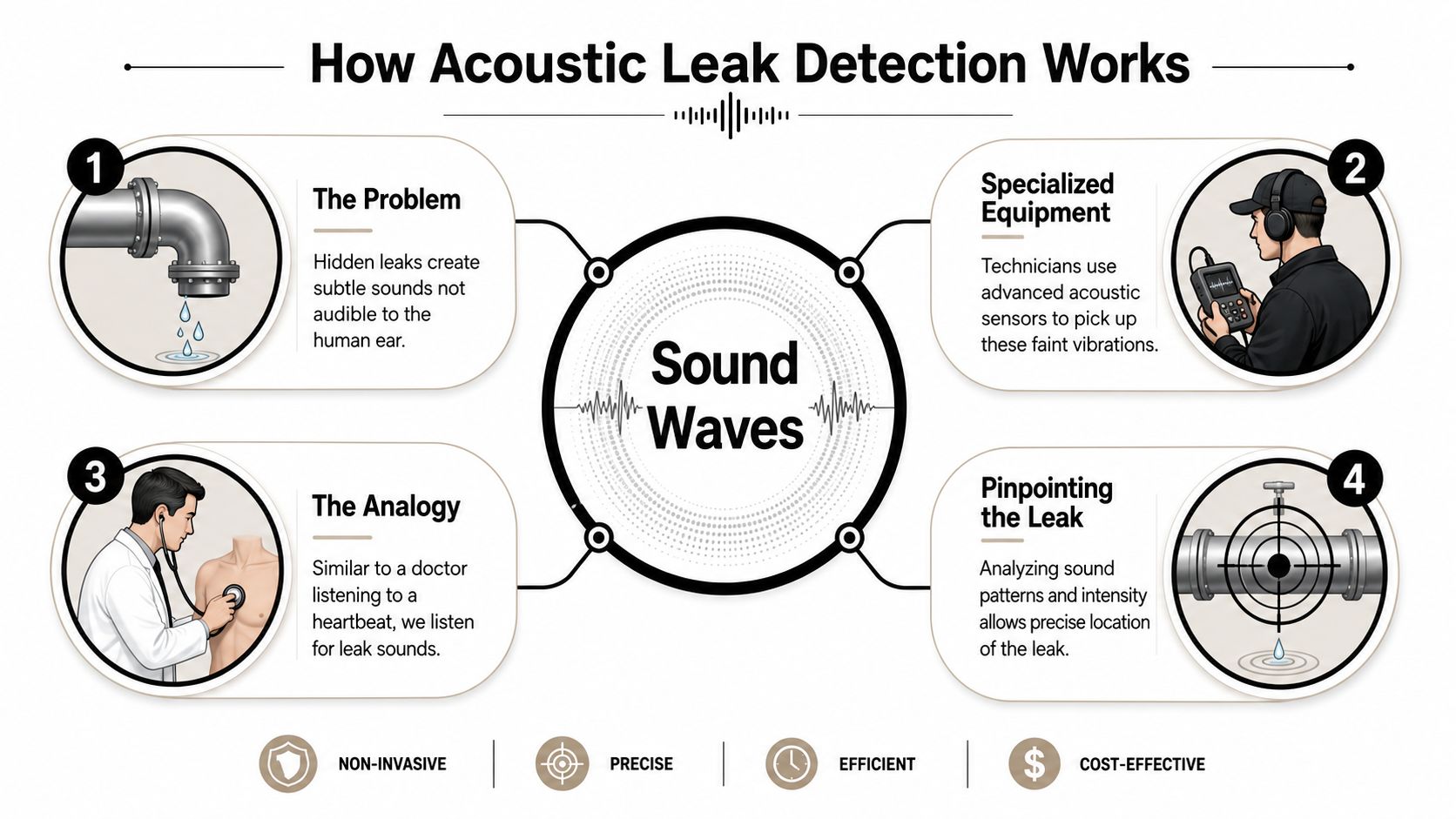 An infographic titled How Acoustic Leak Detection Works explaining the process of using sound waves to find hidden pipe leaks.
