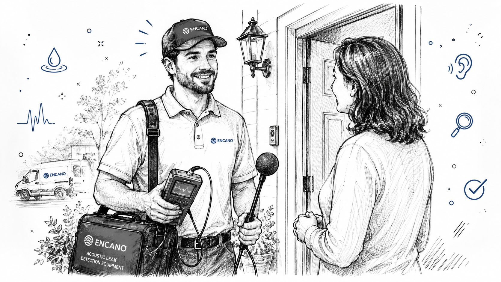 A professional technician from Encano providing acoustic leak detection services to a homeowner at her doorstep.