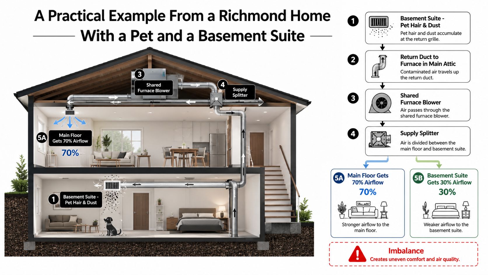 A diagram of a home furnace system showing how shared airflow creates imbalances between floors.