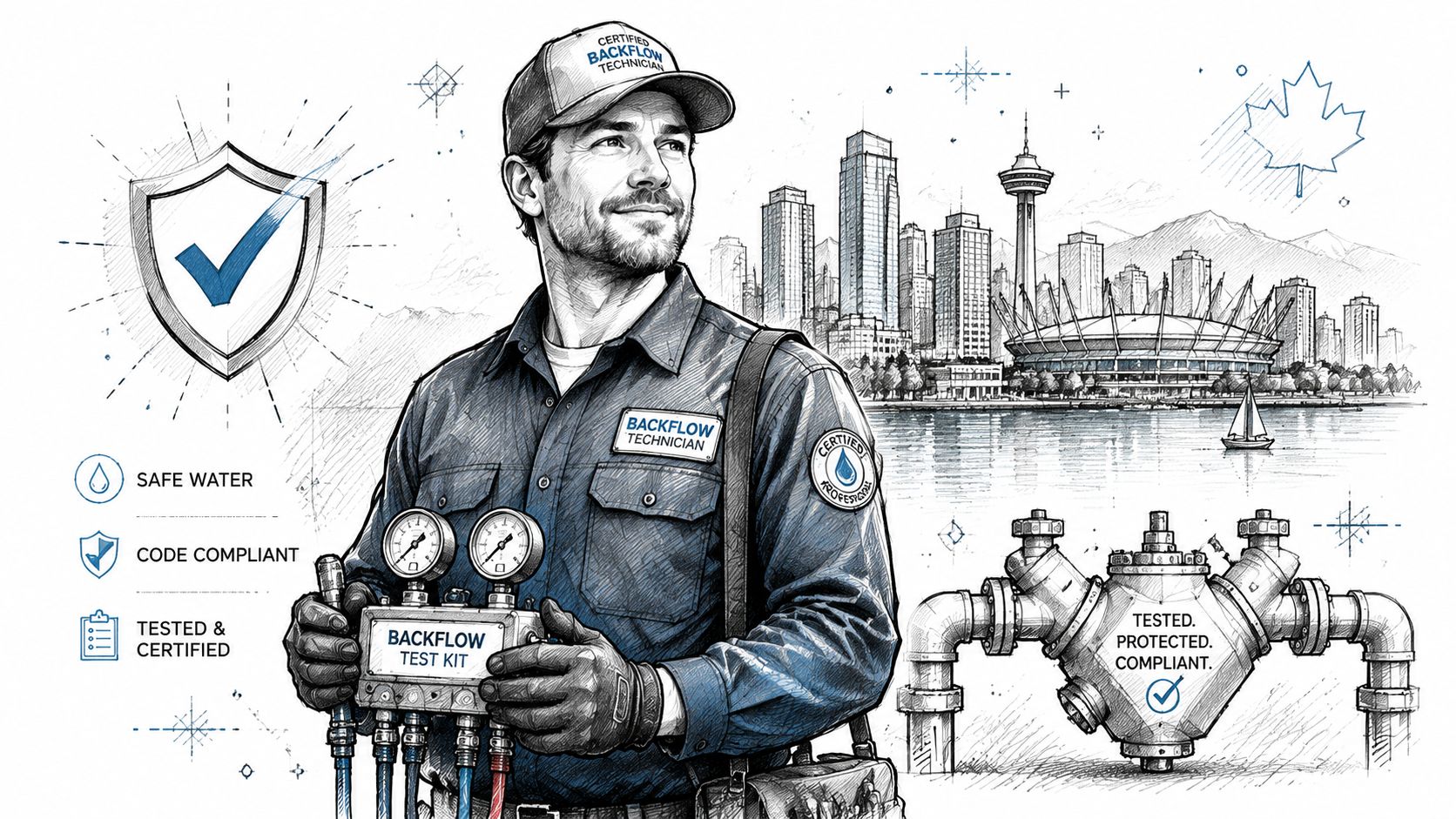 A professional certified technician holding a backflow test kit in front of a city skyline illustration.