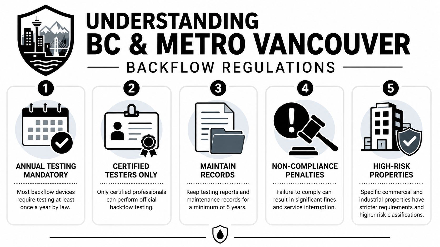 An infographic outlining the five essential backflow prevention regulations in British Columbia and Metro Vancouver.