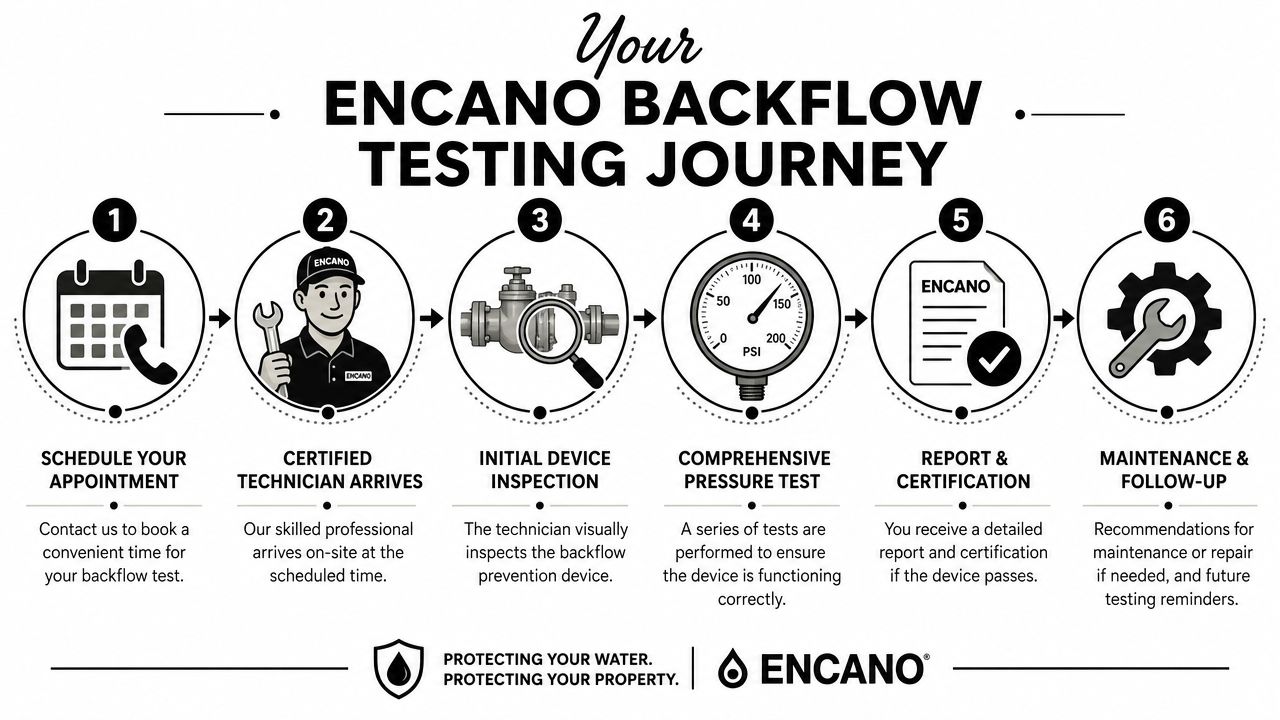 A six-step infographic illustrating the Encano backflow preventer testing process from scheduling to maintenance and follow-up.