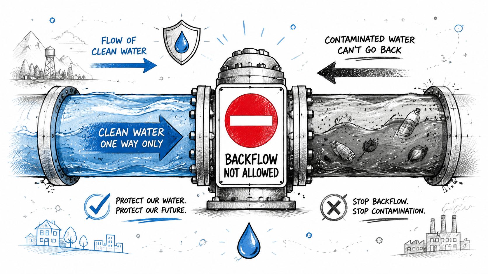 A diagram illustrating a backflow preventer valve protecting clean water supply from contamination and backflow incidents.