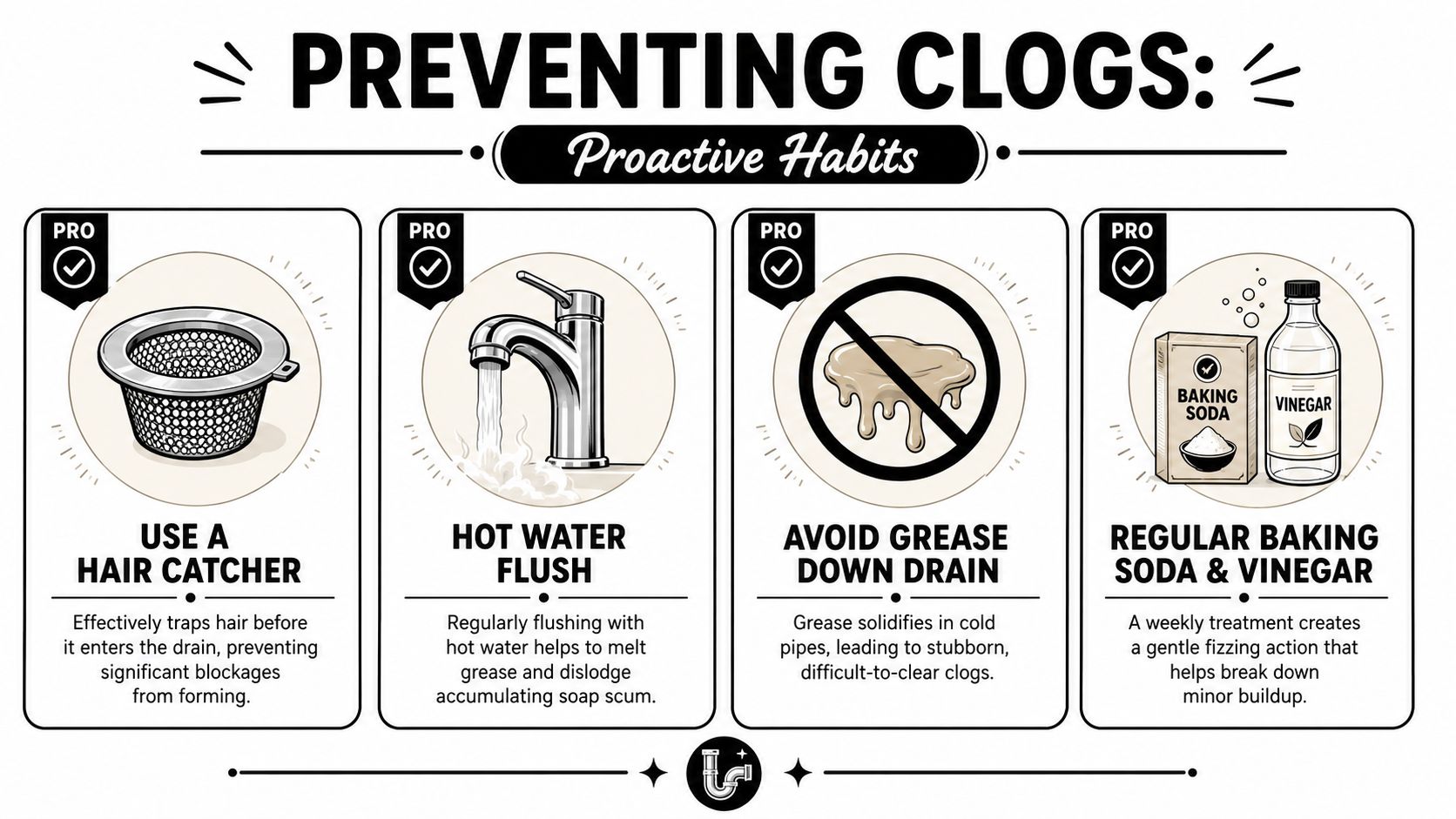 An infographic showing four proactive habits to prevent household drain clogs, including hair catchers and natural cleaners.