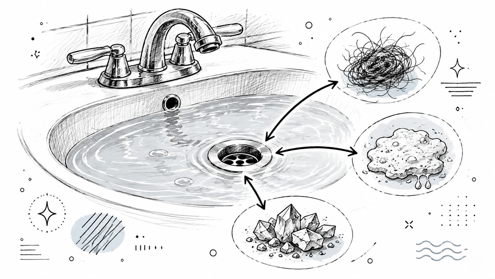 A sketched illustration showing a bathroom sink with common debris causing slow drainage, such as hair, soap, and crystals.