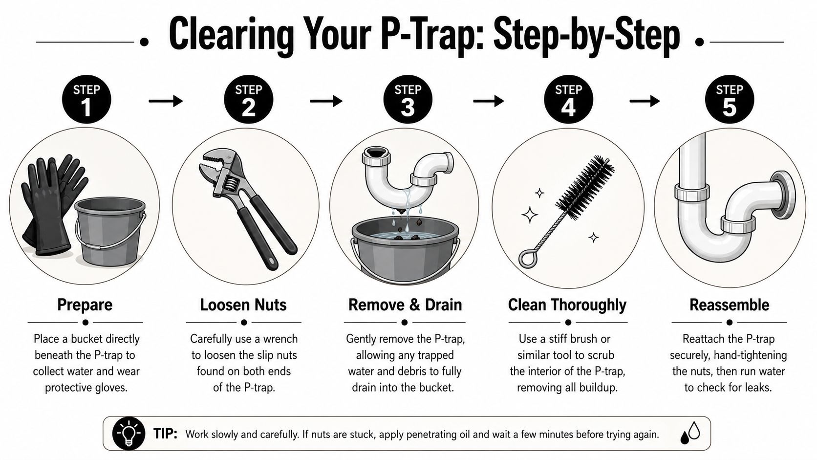 A five-step infographic showing how to safely clean a bathroom sink p-trap to fix drainage issues.