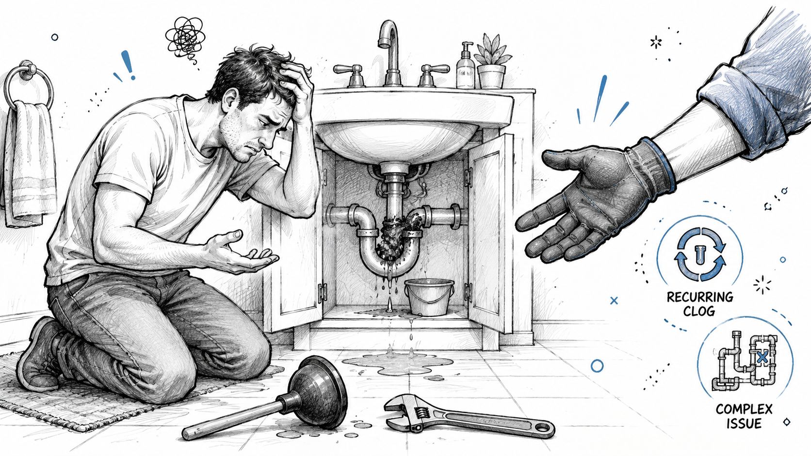 A frustrated man kneeling on the floor next to a leaking, clogged bathroom sink with plumbing tools.