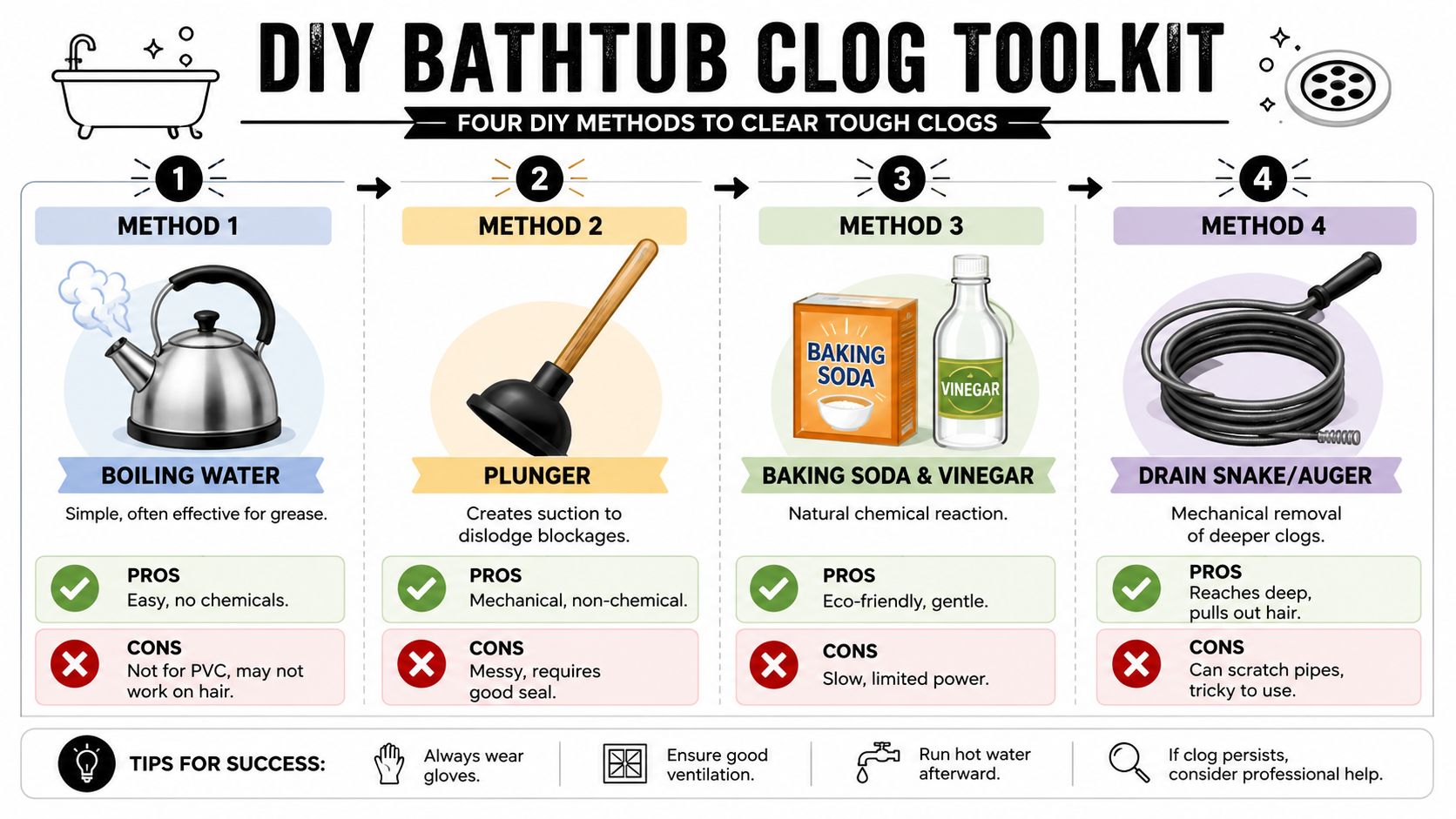 An infographic showing four DIY methods to clear a clogged bathtub, including boiling water, plungers, baking soda, and augers.