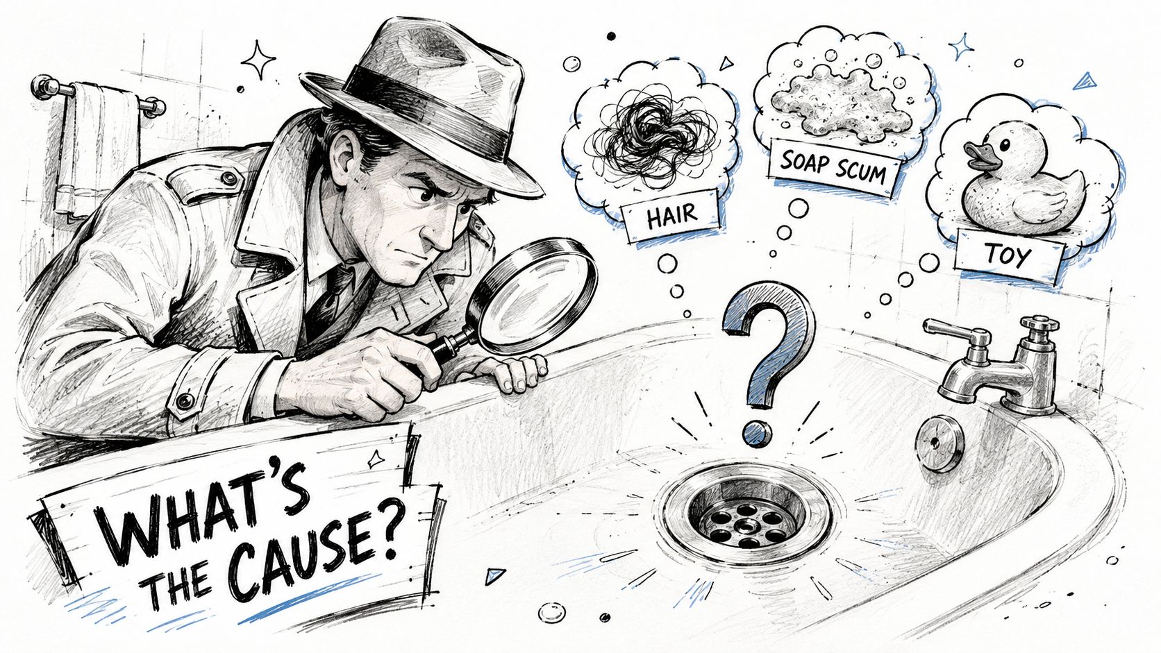 A detective examines a bathtub drain with a magnifying glass, contemplating potential causes like hair or soap.