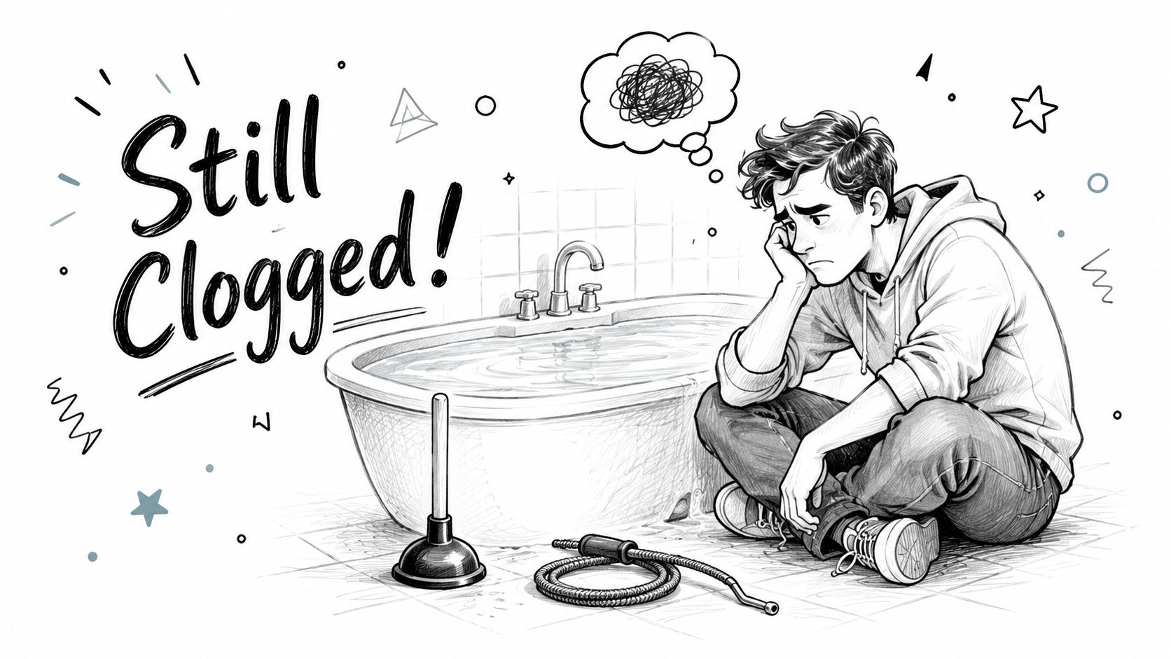 A frustrated man sits on the floor next to a bathtub that is still clogged with water.