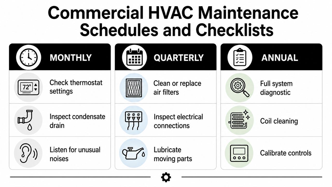 A maintenance schedule infographic outlining essential monthly, quarterly, and annual tasks for commercial HVAC systems.
