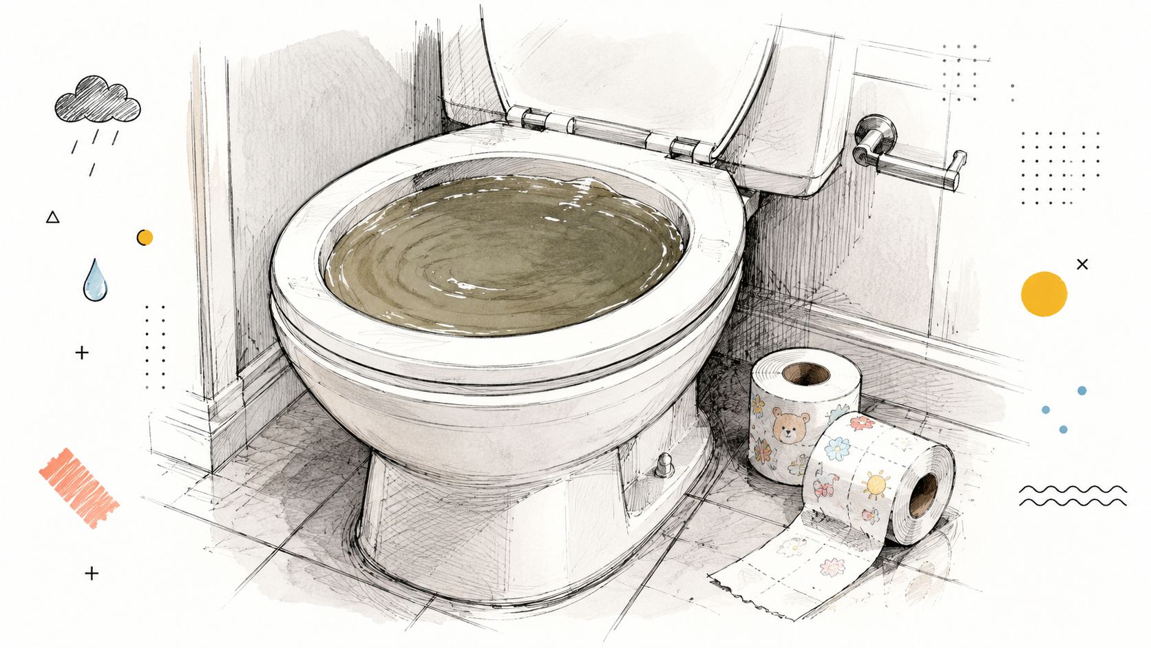A pencil sketch of a clogged toilet filled with murky water with toilet paper rolls on the floor.