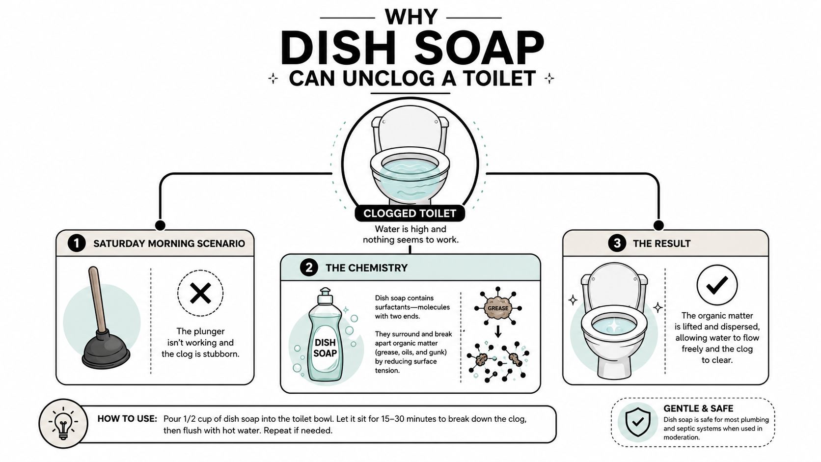 An infographic explaining the step-by-step process of using dish soap to unclog a stubborn toilet.