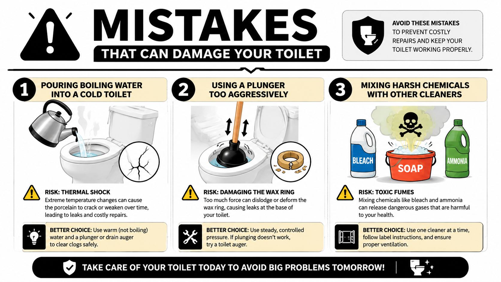 An infographic detailing three common mistakes that can damage a toilet, including safety tips for maintenance.