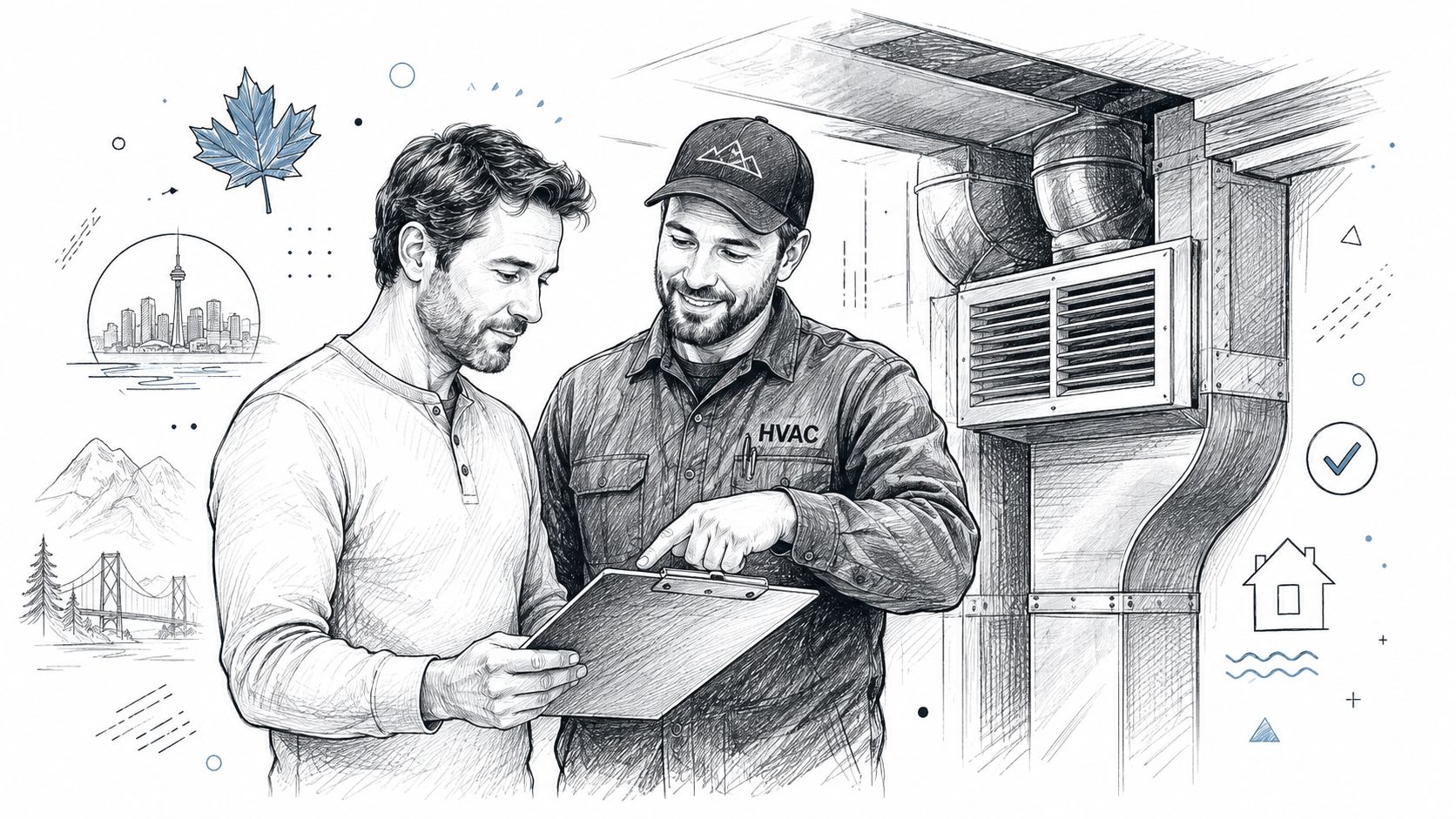 A professional HVAC technician discussing repair details with a homeowner while pointing at a clipboard.