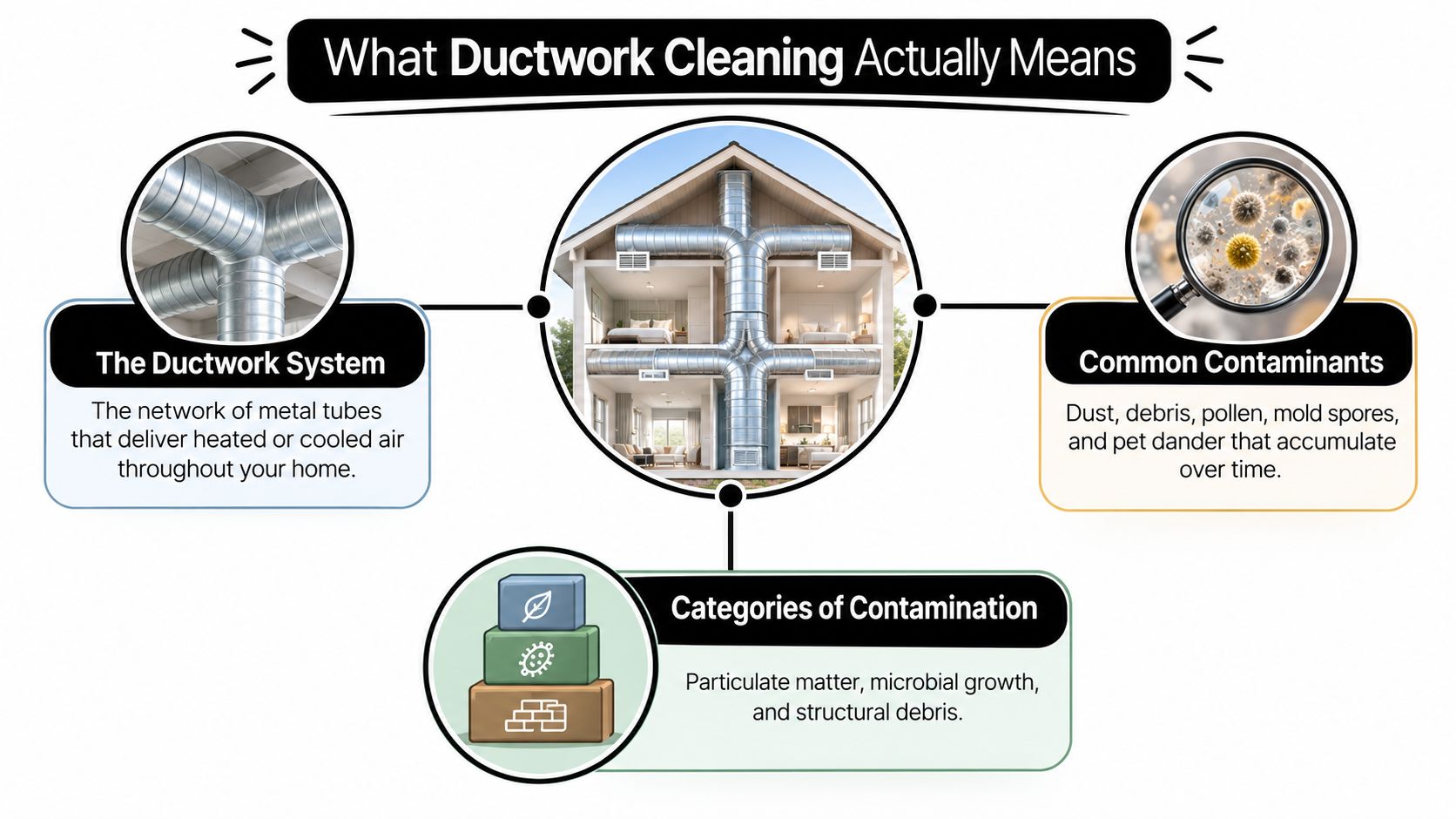 An infographic illustrating ductwork cleaning, explaining the system, common contaminants, and categories of pollution in homes.