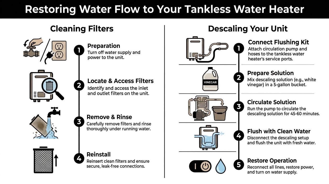 An infographic illustrating step-by-step instructions for cleaning filters and descaling a tankless water heater system.