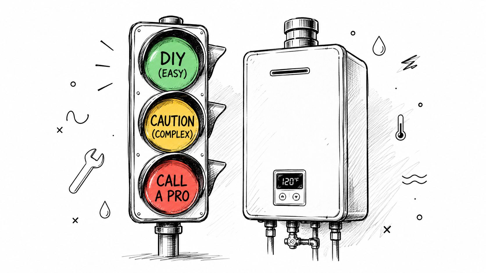 A hand-drawn illustration showing a traffic light with DIY, caution, and pro-help levels next to a tankless water heater.