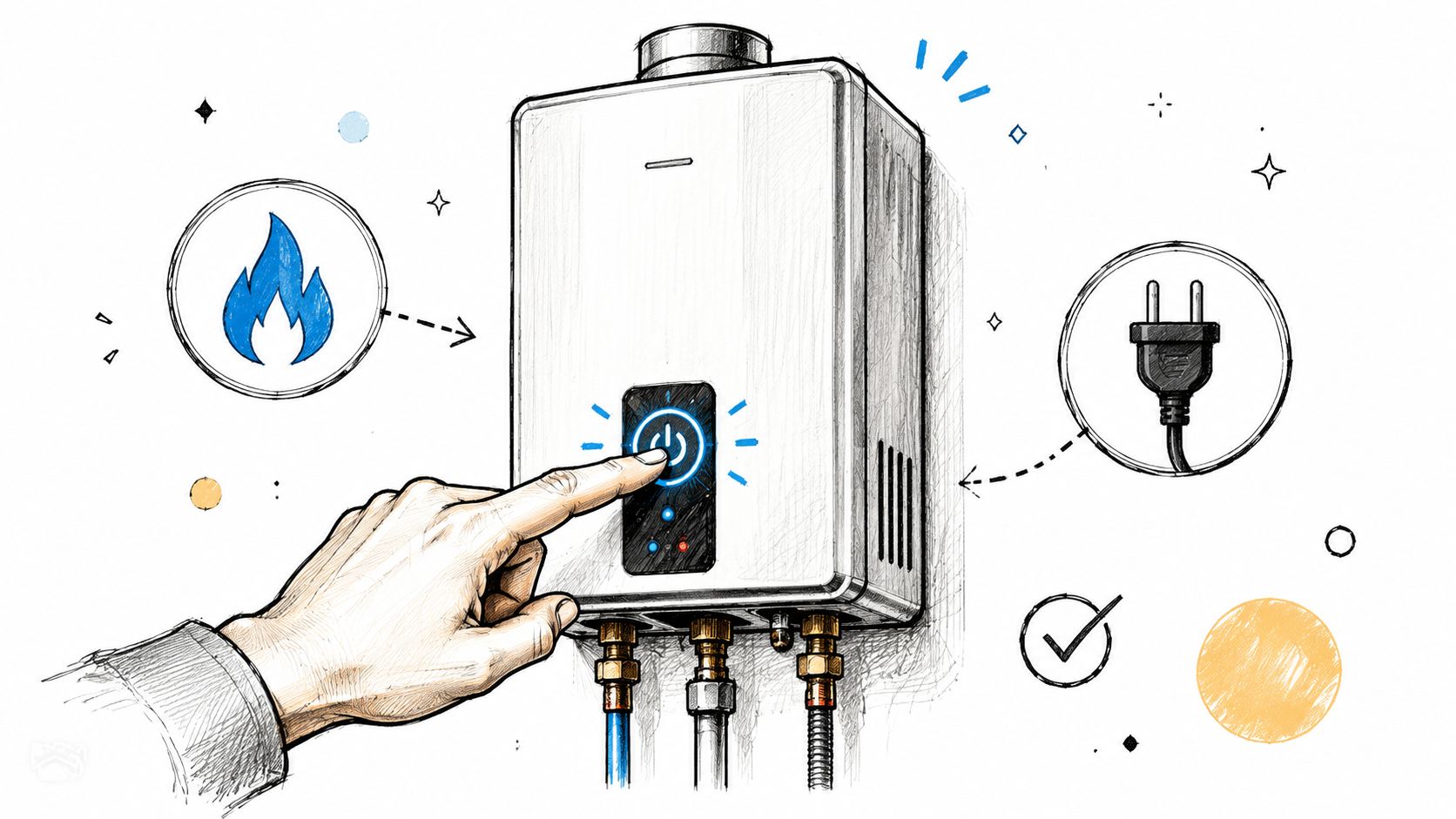A hand pressing the power button on a tankless water heater with gas and electric icons.