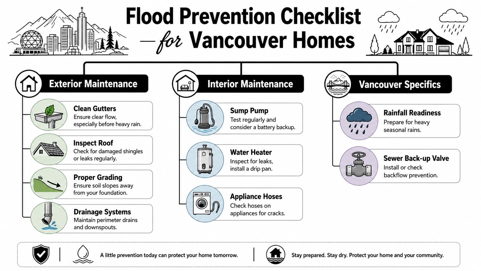 A checklist for Vancouver homeowners featuring tips on exterior and interior maintenance to prevent home flooding.