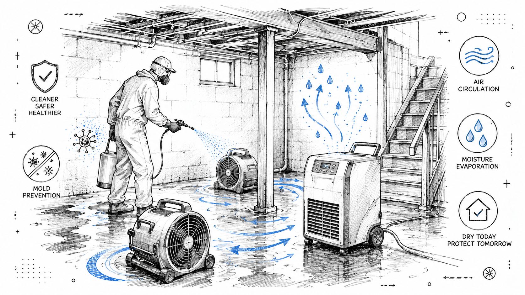 A professional technician treating a flooded basement with drying equipment and air circulation tools to prevent mold.
