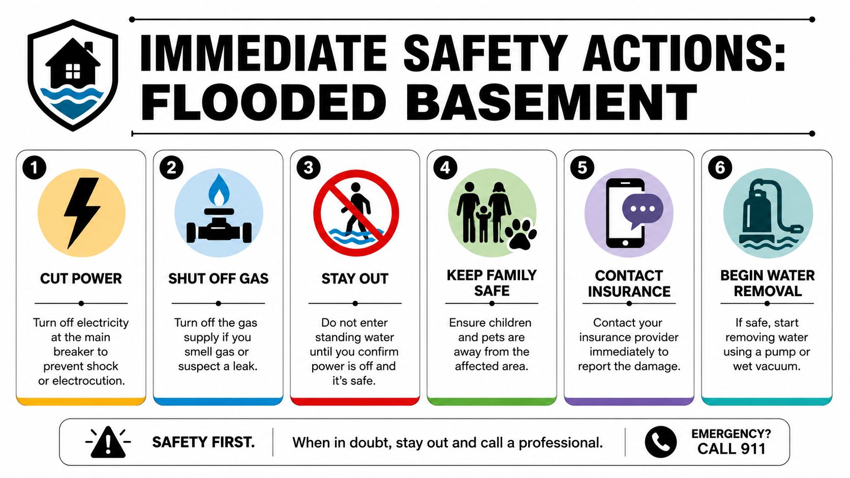 An infographic titled Immediate Safety Actions for a Flooded Basement, outlining six steps to ensure safety during flooding.