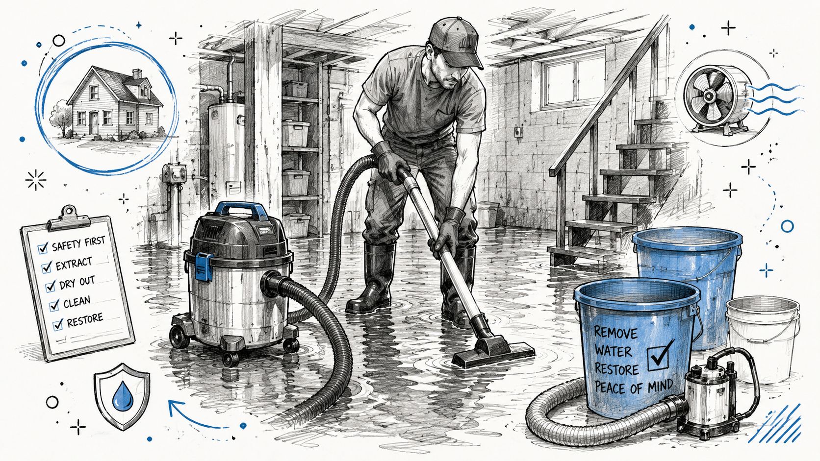 A professional restoration worker uses a wet vacuum to clear standing water from a flooded basement floor.