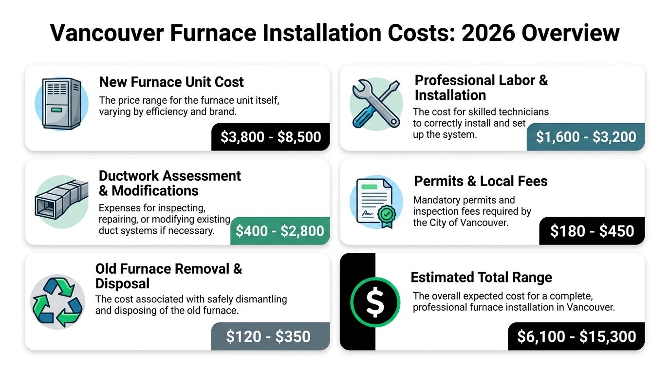 A 2026 infographic detailing the various cost components for residential furnace installation services in Vancouver, Canada.