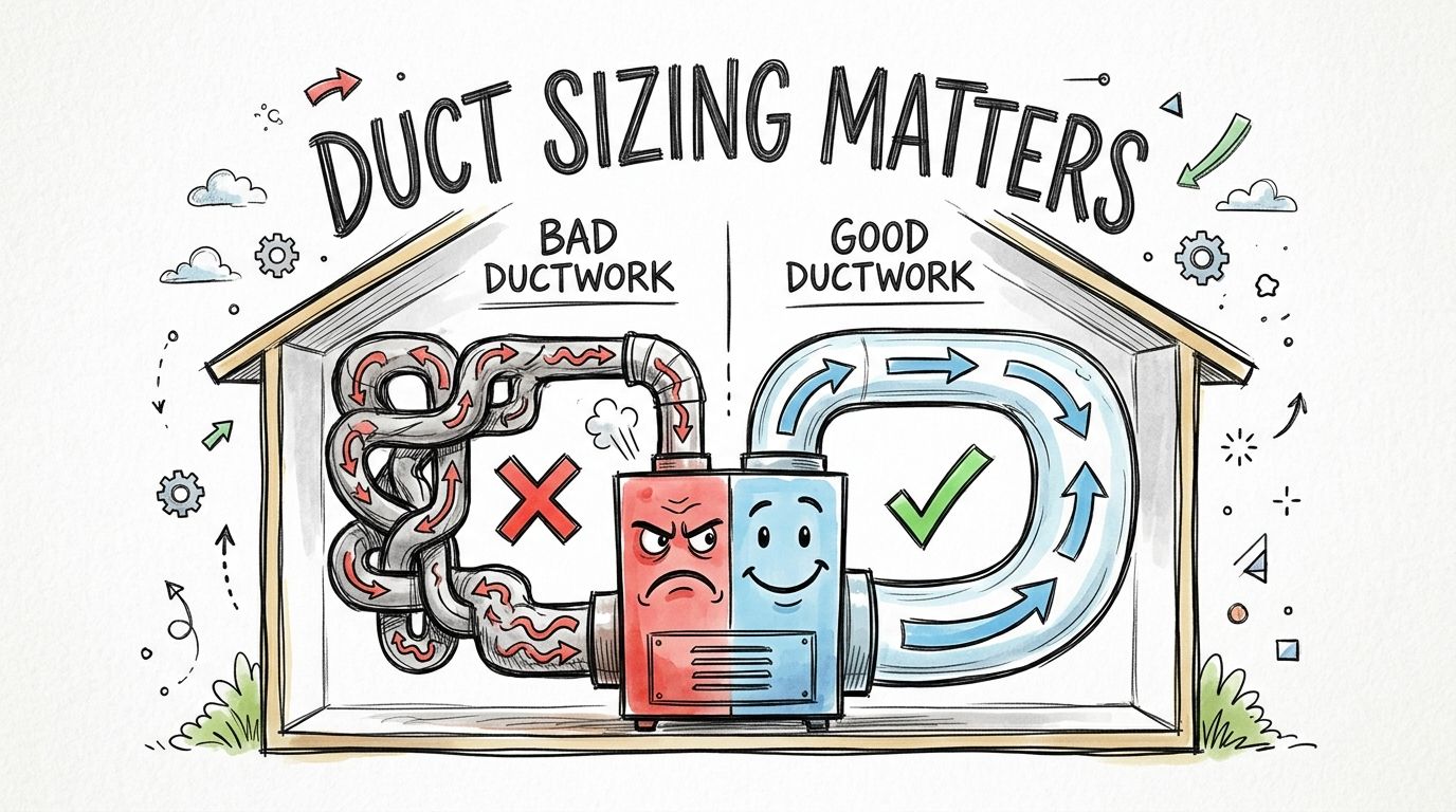 A diagram comparing poorly designed, tangled HVAC ductwork with efficient, smooth ductwork connected to a central furnace.