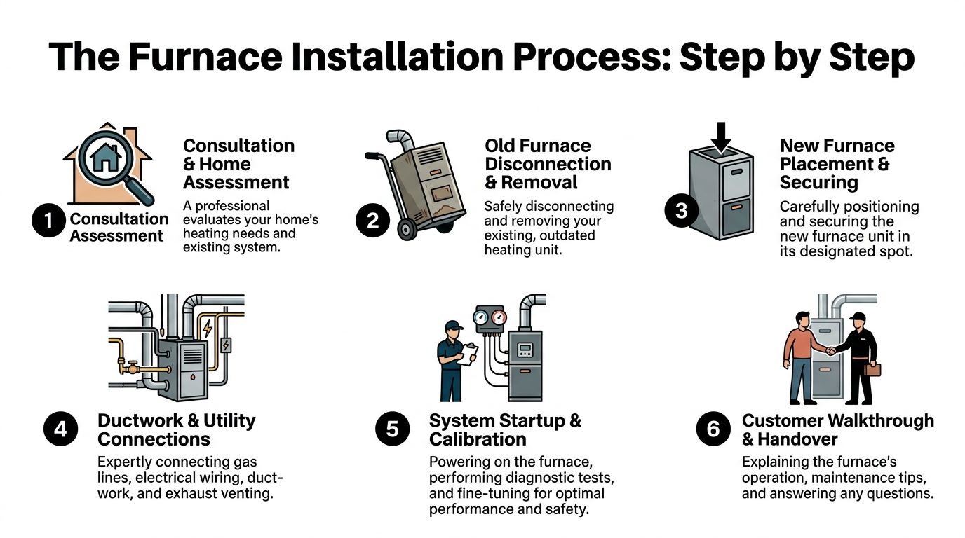 A six-step infographic detailing the professional residential furnace installation process, from initial consultation to final customer walkthrough.