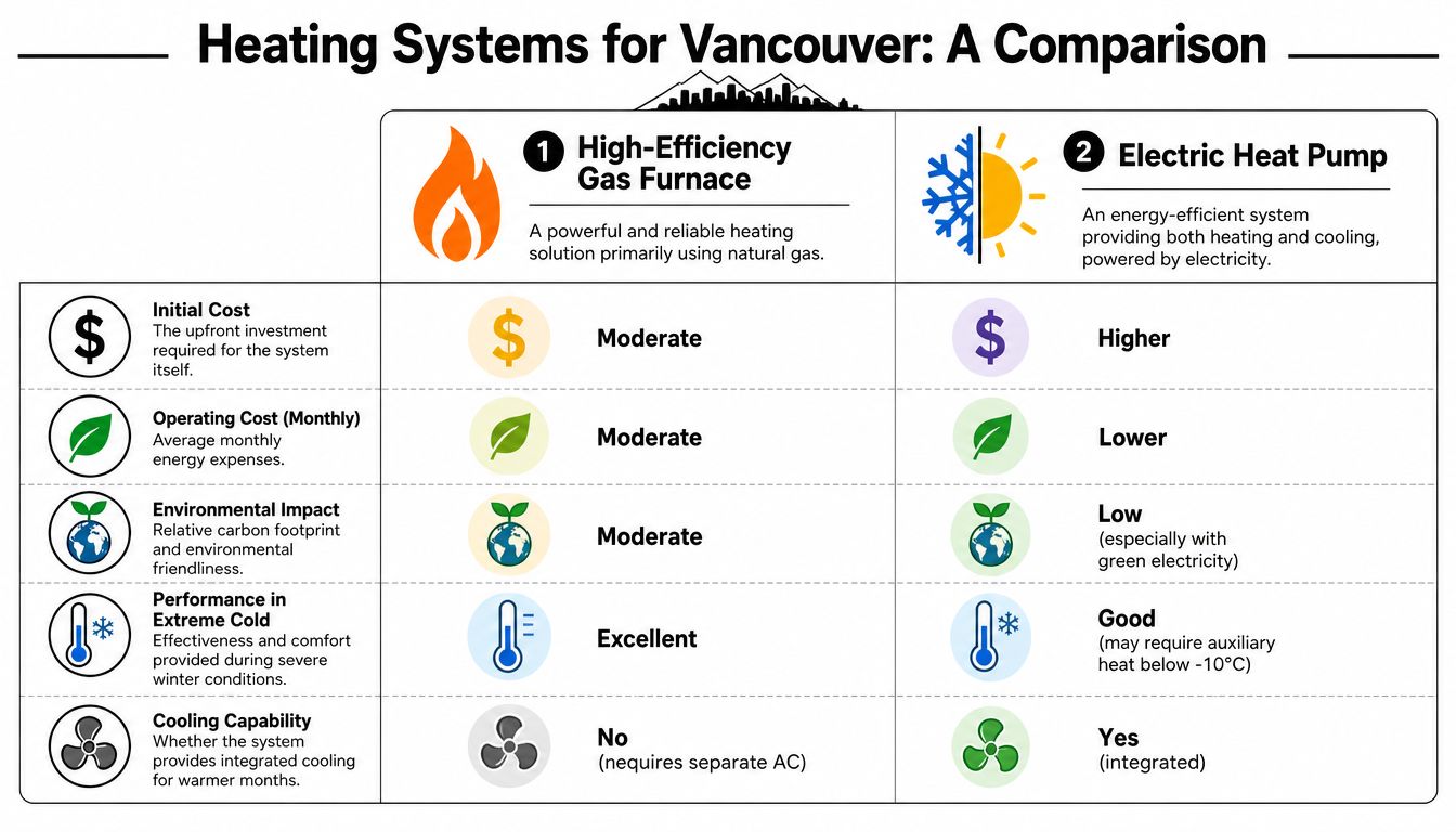 A comparison chart showing features of high-efficiency gas furnaces versus electric heat pumps in Vancouver, Canada.