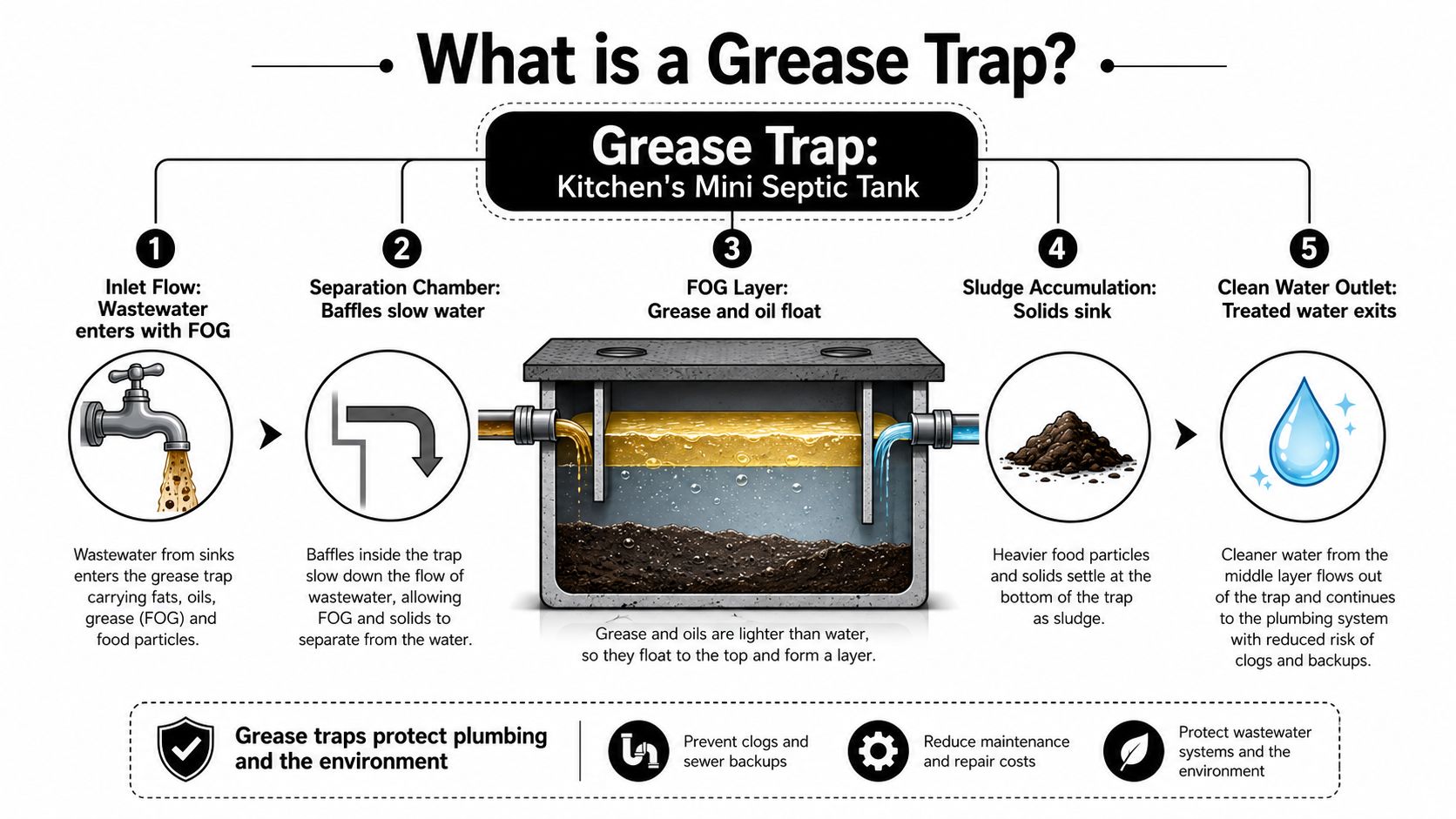 An infographic showing the step-by-step process of how a grease trap separates FOG and solids from wastewater.