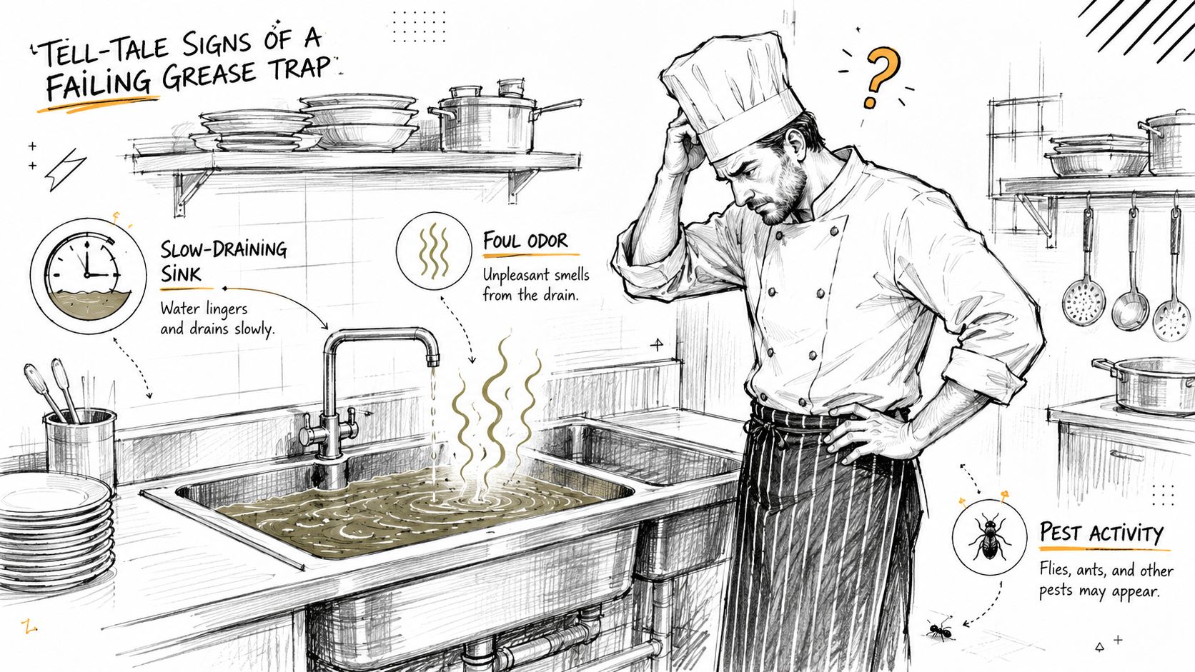 A professional chef looks concerned at a clogged kitchen sink showing signs of a failing grease trap.