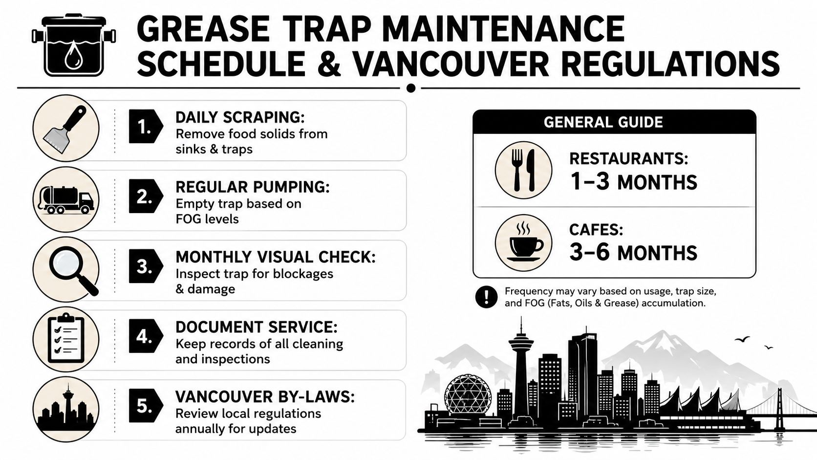 A professional infographic outlining grease trap maintenance steps and cleaning schedules for restaurants and cafes in Vancouver.