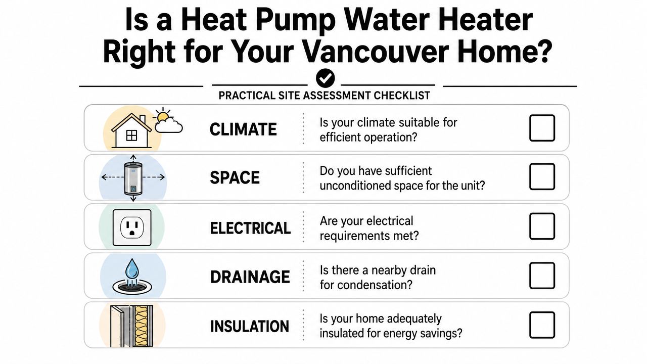 A checklist for assessing if a heat pump water heater is suitable for a Vancouver home installation.